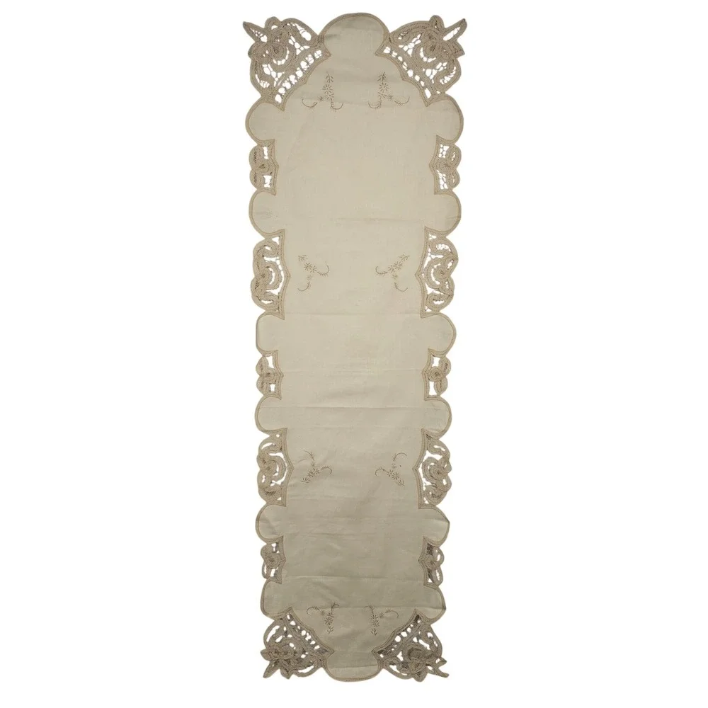 VTG Cream Battenburg‎ Lace Floral Embroidered Table Runner 51x15 Scalloped Edge